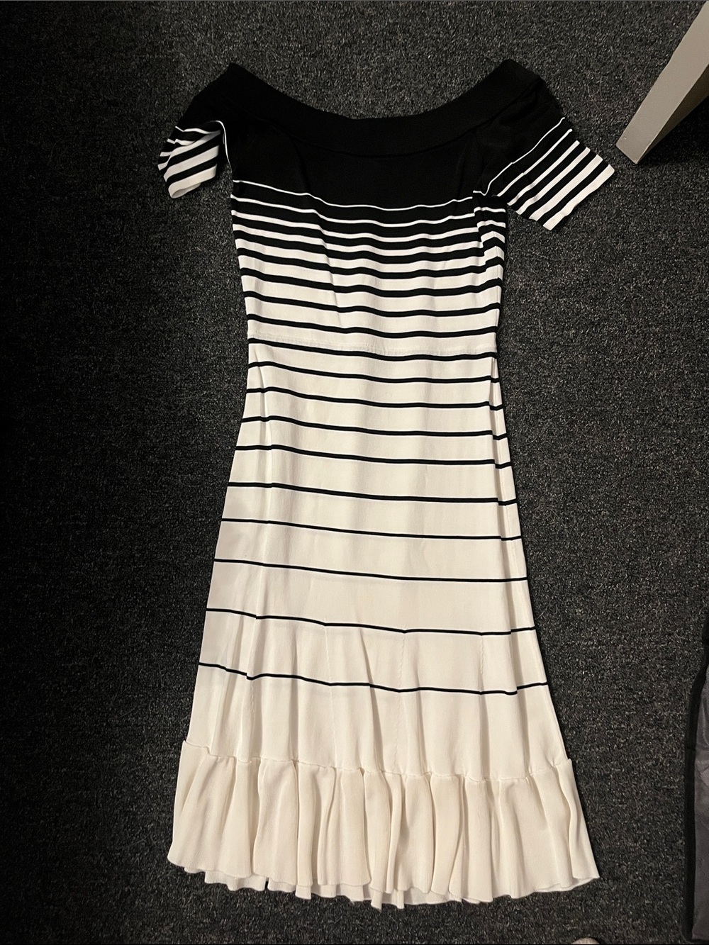 BCBGMaxAzria Black and White Striped Off-Shoulder Midi Dress